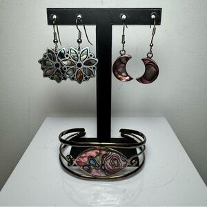 Hand Crafted Southwestern Style Abalone Cuff Bracelet and 2 Pair of Earrings Set